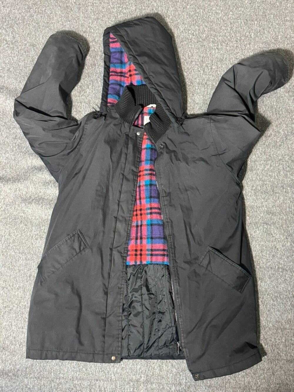 Windsor Bay Black, Plaid Lined Coat Zipped Hooded- Women’s M - See Pics for wear